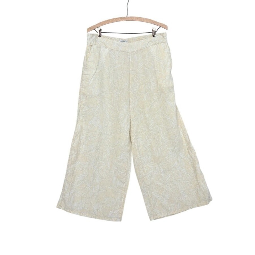 Nicole Miller Linen Pull-on Wide‎ Leg Pants Large Tropical Leaf European Flax